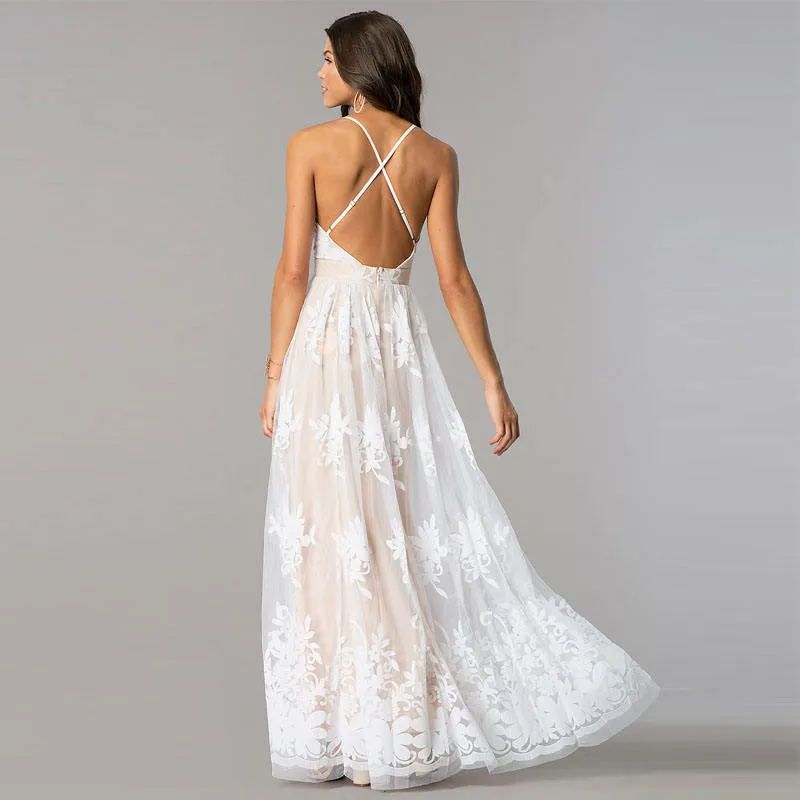 Deep V Spaghetti Strap Flocked Tulle Maxi Gown High Waist A-Line Bridesmaid Muslim Wedding Dress OEM Custom