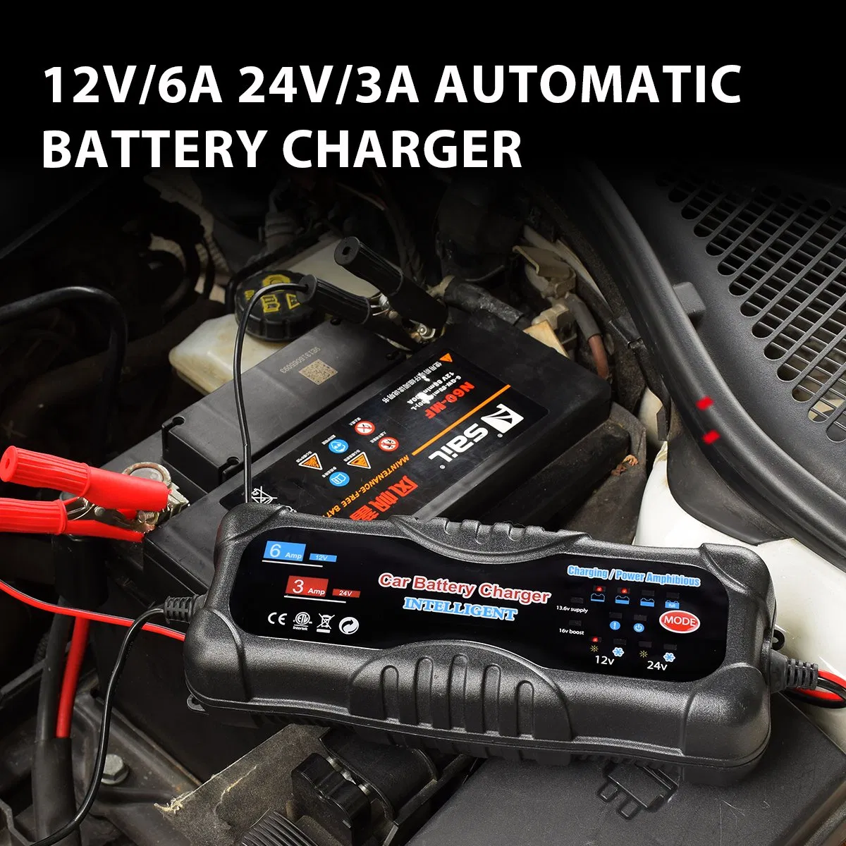 6A Battery Charger 12V/24V Automatic Smart Pulse Repair for Car Truck RV AGM LiFePO4 Deep Cycle Battery with LCD Display CE Certified