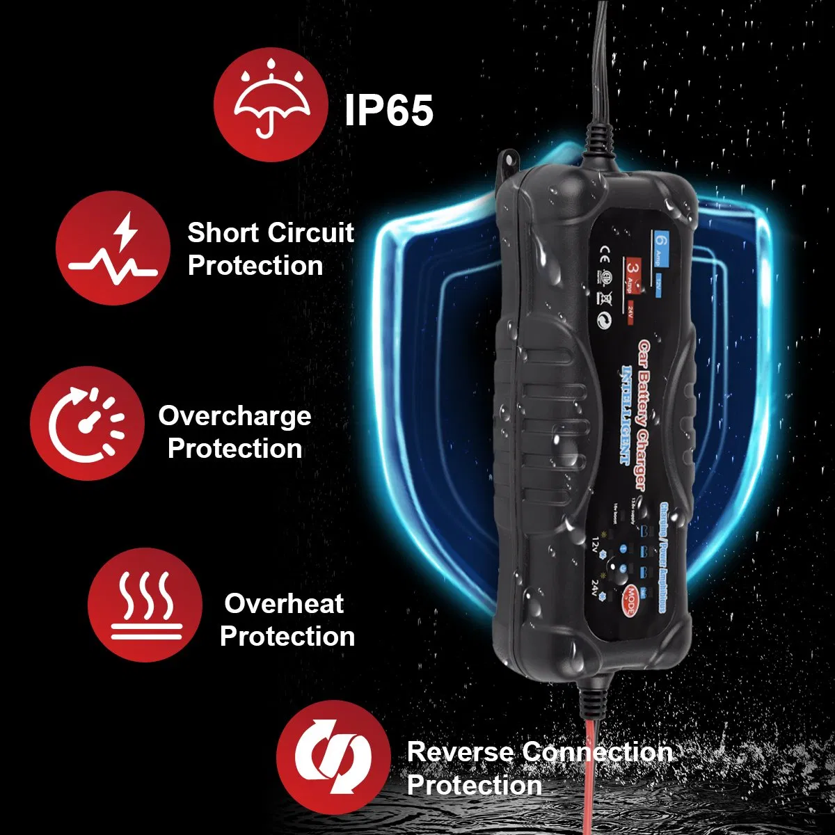 6A Battery Charger 12V/24V Automatic Smart Pulse Repair for Car Truck RV AGM LiFePO4 Deep Cycle Battery with LCD Display CE Certified
