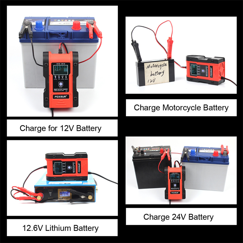 Foxsur 12V 24V 6A 7-Stage Car Battery Charger Battery Pulse Repair Charger for Gel Wet AGM 12.6V LiFePO4 Lipo