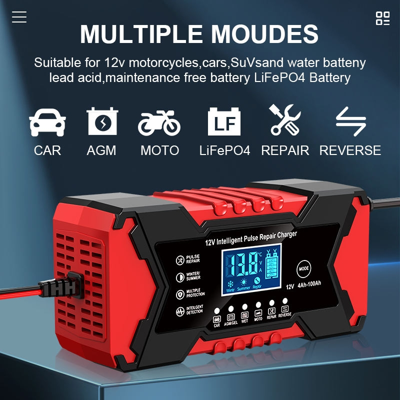 Hot Products LCD Automatic Car AGM Battery Charger 12V 6A LiFePO4 Lead Acid Battery Charger 3 Stage Motorcycle Battery Charger