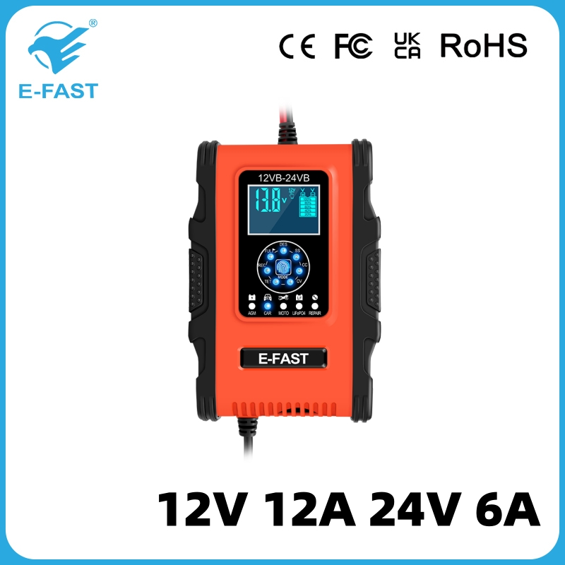 Automatic Desulfurization 12V 12A 24V 6A Smart 7 Stage Pulse Repair LiFePO4 Lead Acid Battery Charger for Car Motorcycle Truck