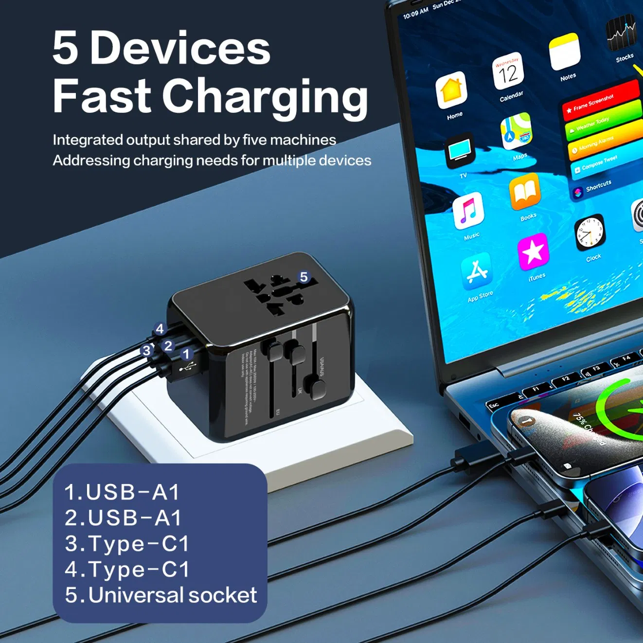 Global Travel Adapter Universal Power Converter with Type C Pd Fast Charge Portable Travel Plug Adapter Universal Charger for Phones, Laptops &amp; Devices