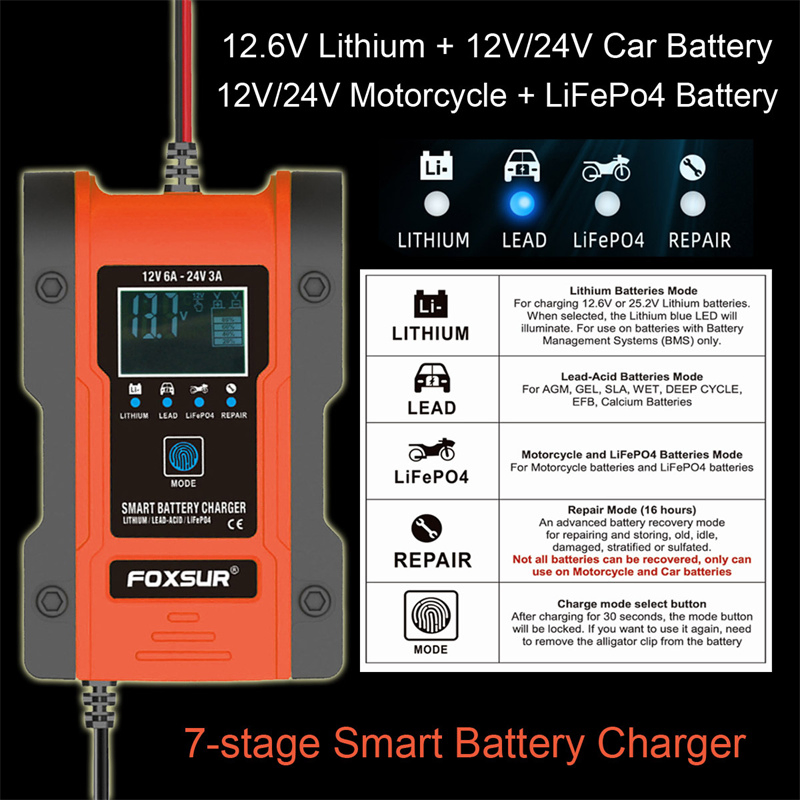 Foxsur 12V 24V 6A 7-Stage Car Battery Charger Battery Pulse Repair Charger for Gel Wet AGM 12.6V LiFePO4 Lipo