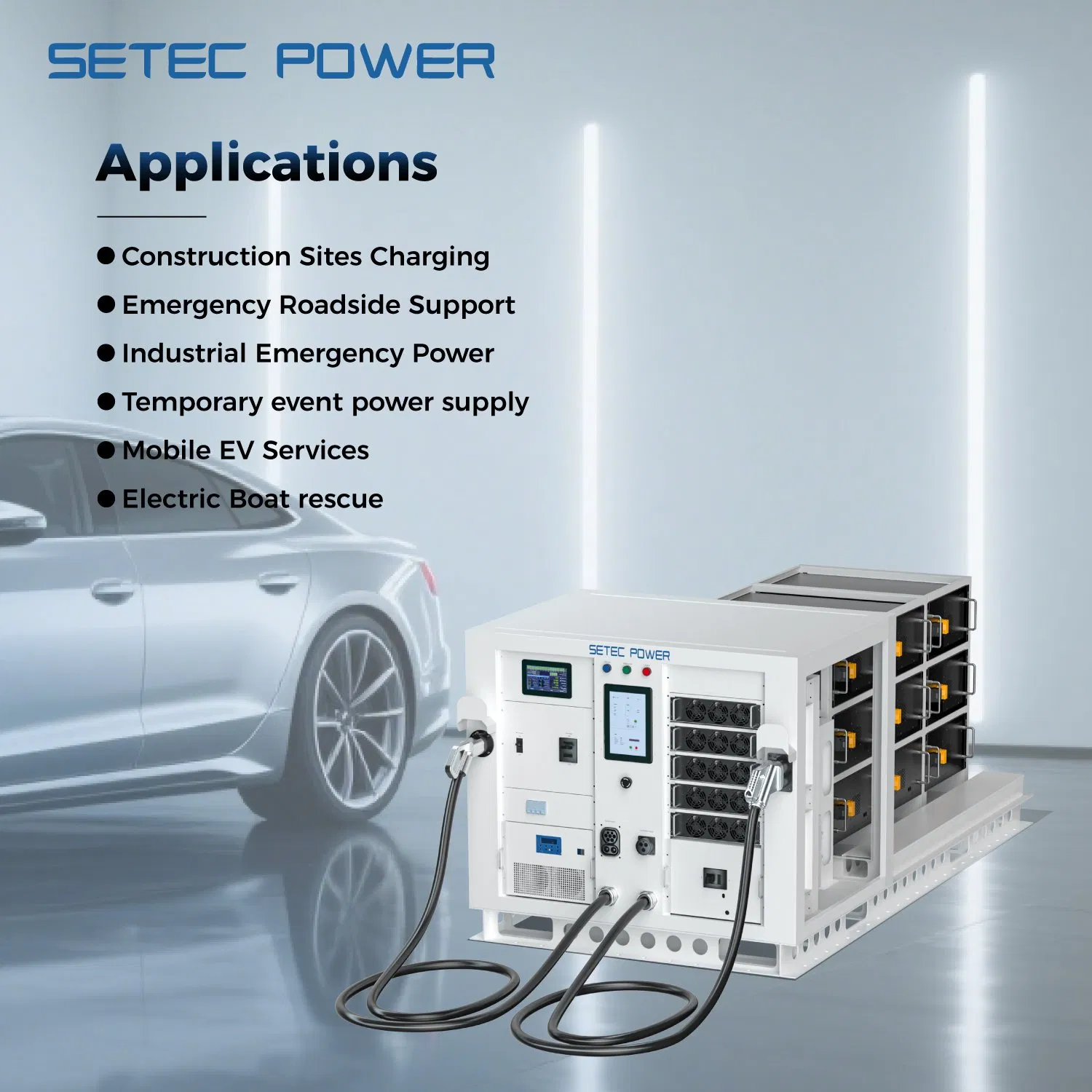 SETEC POWER Waterproof Storage System PowerOnTheGo 30kWh to 120kWh Integrated EV Charging