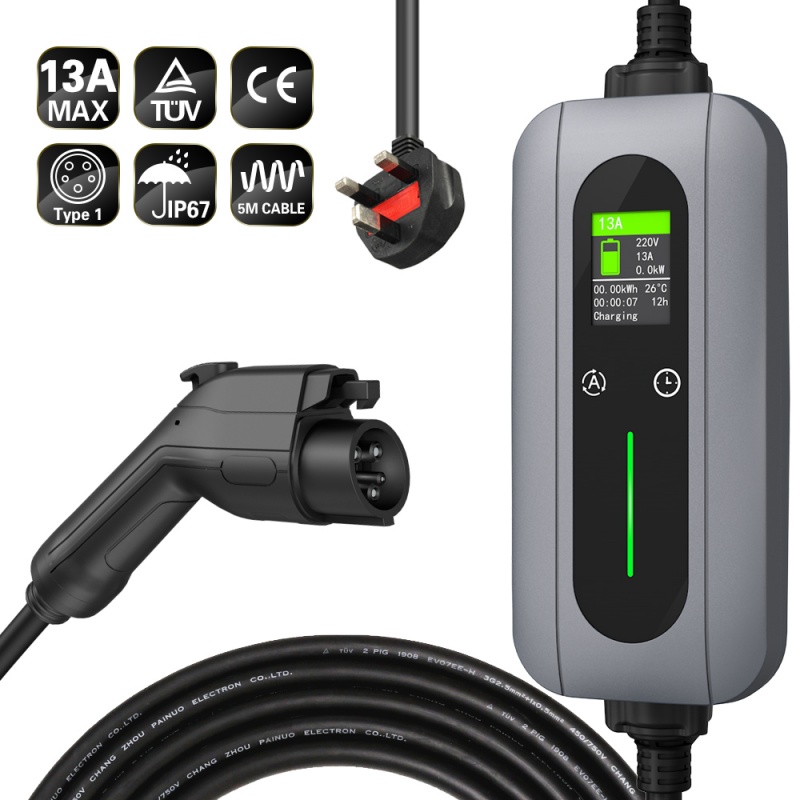 China Portable Charging 3.7kW Type 1 LED Display 10A 13A level 2 Portable EV Charger Manufacturer, Supplier