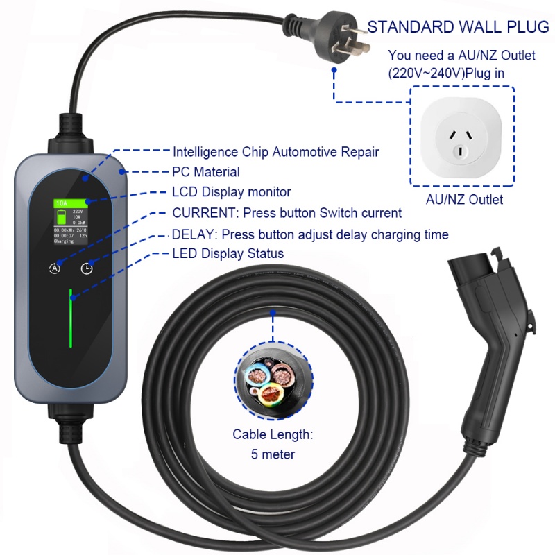 Best J1772 Electric Car 7KW 10A EV Charging Cable Adjustable 5m Type 2 Portable Ev Charger Supplier, Factory