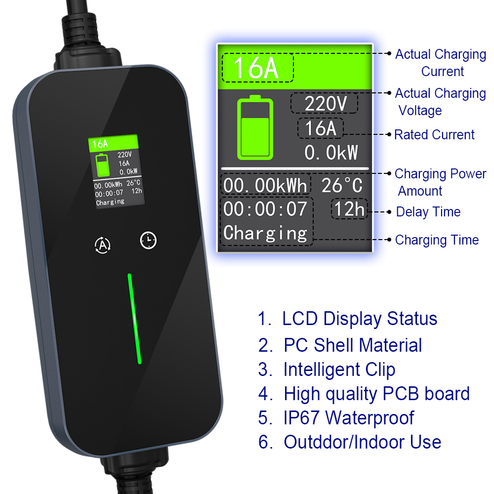 China TUV Portable EV Charger 16A 3.6kW IP67 LED Screen Type 2 Charging Cable Manufacturer, Manufacturers