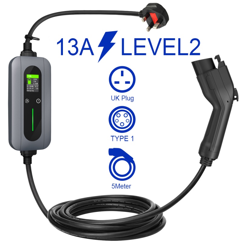 China Portable Charging 3.7kW Type 1 LED Display 10A 13A level 2 Portable EV Charger Manufacturer, Supplier