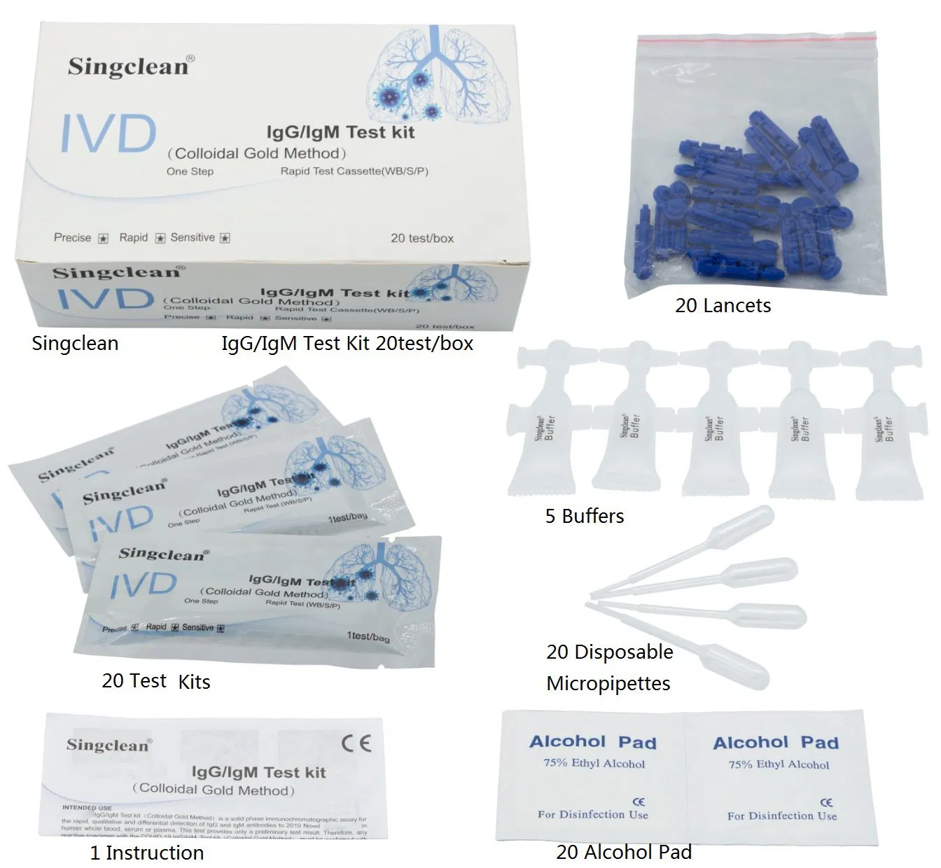 High Sensitivity Singclean Igg Igm Antibody Rapid Diagnostic Test Kit Blood Test Kit with CE Certificate
