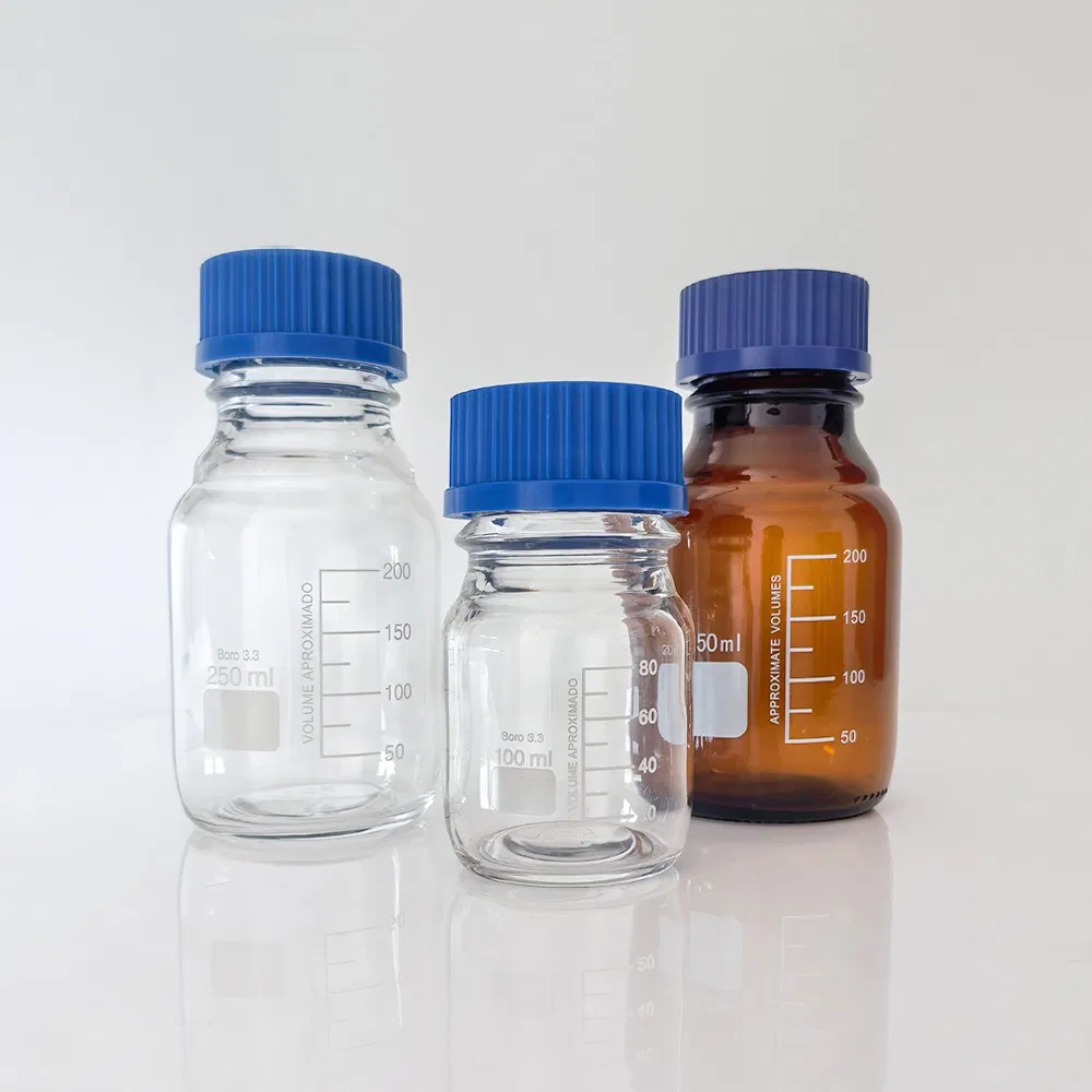 100ml Laboratory Glassware 250ml Reagent Bottle with Blue Gl45 Screw Cap Clean Transparent Amber Boro 3.3 Media Bottle Factory Price