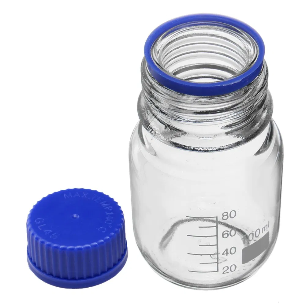 100ml Laboratory Glassware 250ml Reagent Bottle with Blue Gl45 Screw Cap Clean Transparent Amber Boro 3.3 Media Bottle Factory Price