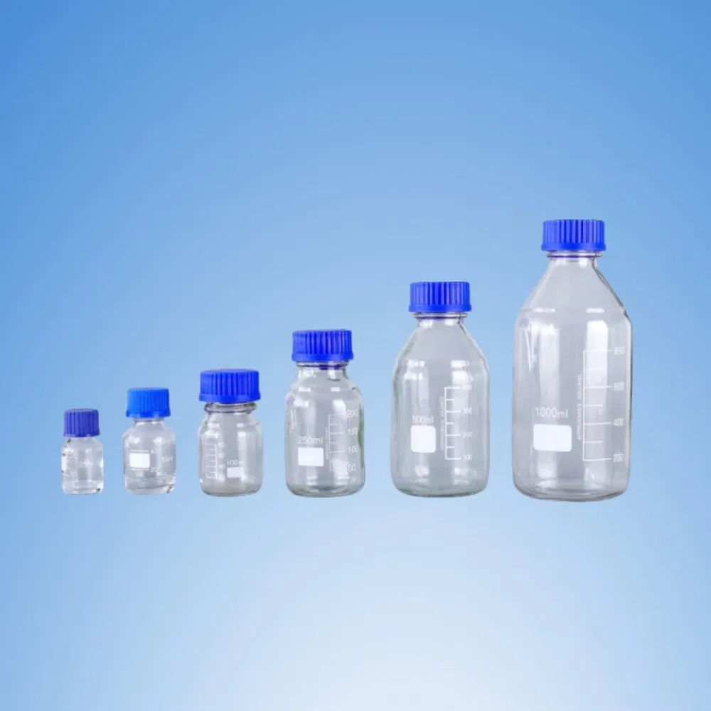 100ml Laboratory Glassware 250ml Reagent Bottle with Blue Gl45 Screw Cap Clean Transparent Amber Boro 3.3 Media Bottle Factory Price