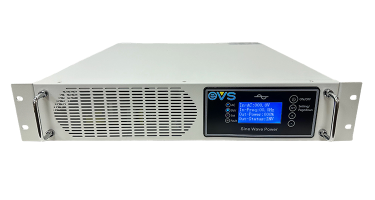 EVS Industrial Single Phase 19 Inch 2U Rack Mount DC/AC Inverter 24VDC 110VAC 2KW Pure Sine Wave 94% Efficiency Motor Air