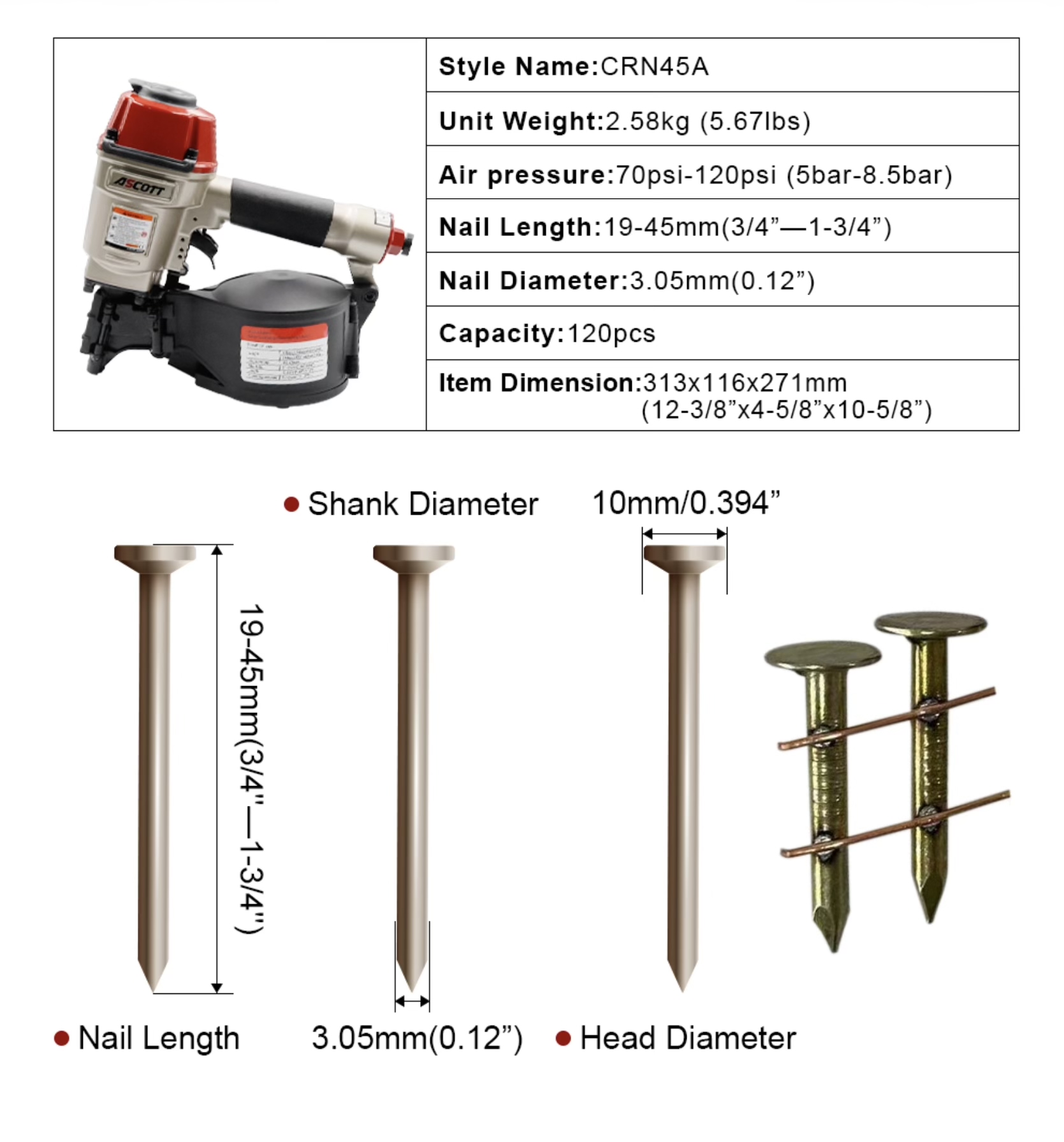 CRN45 Pneumatic Construction Coil Nail Gun Asphalt Shingle Fastening Tools for House Siding Installation Air Coil Roofing Nailer