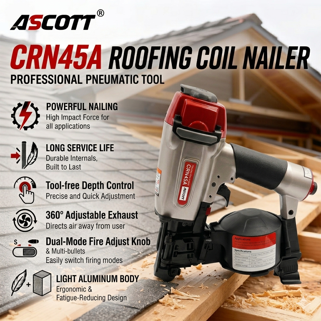 CRN45 Pneumatic Construction Coil Nail Gun Asphalt Shingle Fastening Tools for House Siding Installation Air Coil Roofing Nailer
