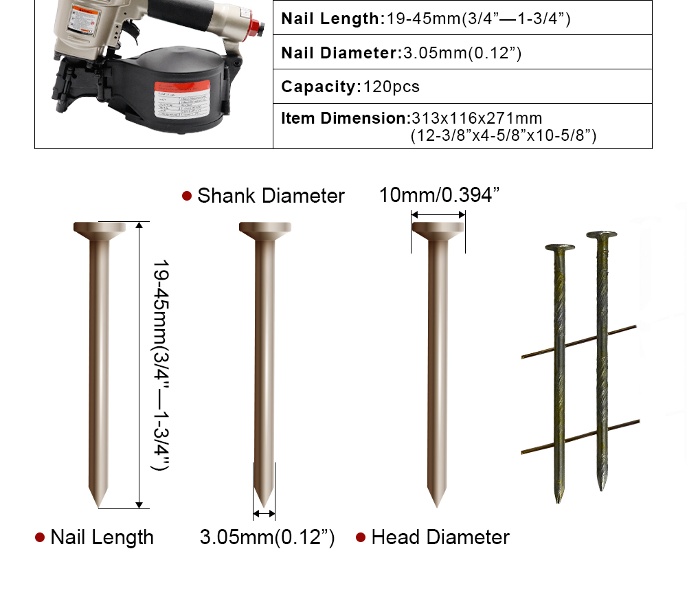 CRN45 Pneumatic Construction Coil Nail Gun Asphalt Shingle Fastening Tools for House Siding Installation Air Coil Roofing Nailer Spec 5