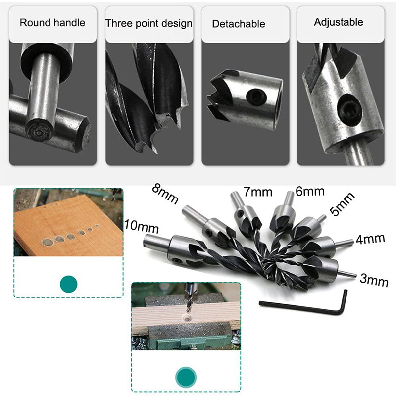 Detachable and Adjustable Drilling Bits for Wood 3-10mm Woodworking Tools With Allen Wrench Countersink Drill Bit Set