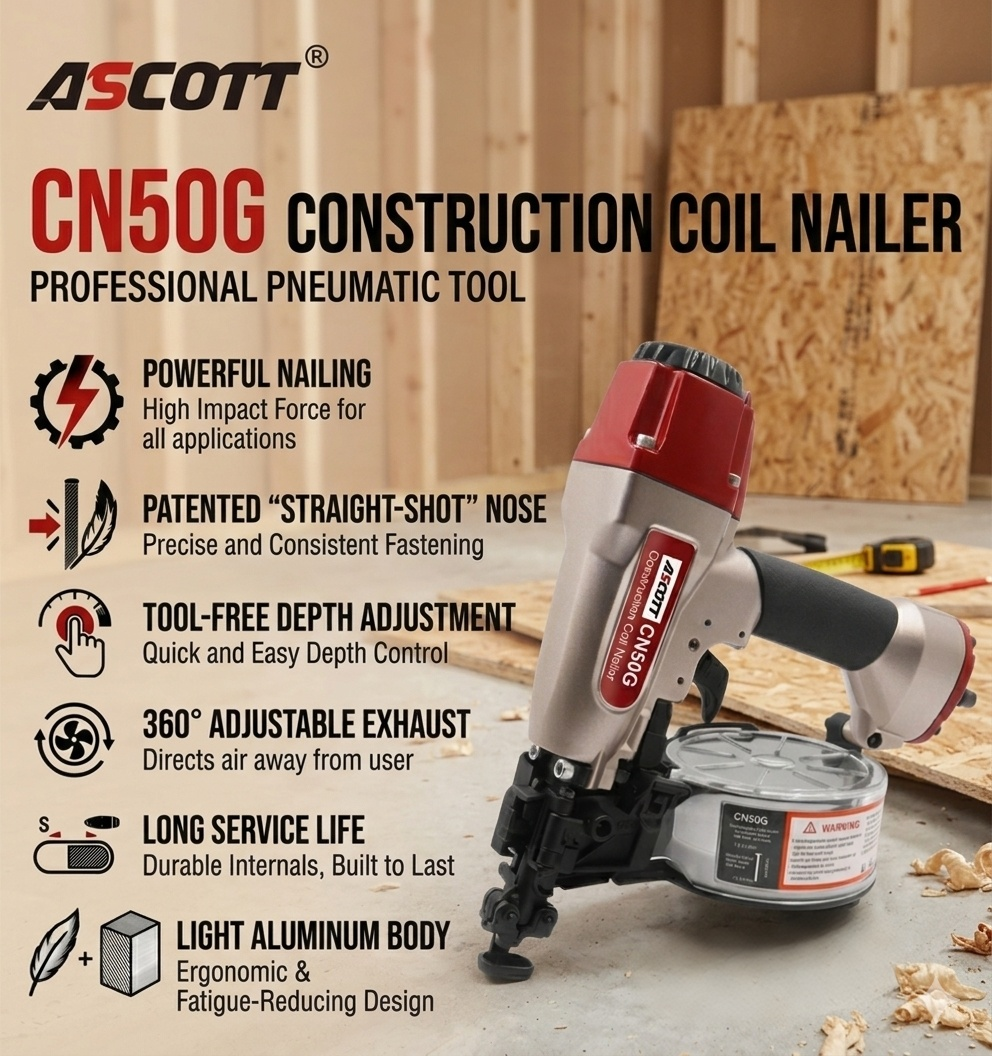 1"~2" CN50G Pneumatic Board Fastening Tools for Metal Sheet Roof Connection Coil Nail Gun with Contact Actuation Air Coil Nailer