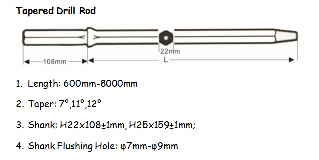 Hex Shank H22 H25 Taper Drill Rod 7 11 12 Degree Conical Forged Integral Jack Hammer for Coal Mining Rock Drilling Steel Carbide