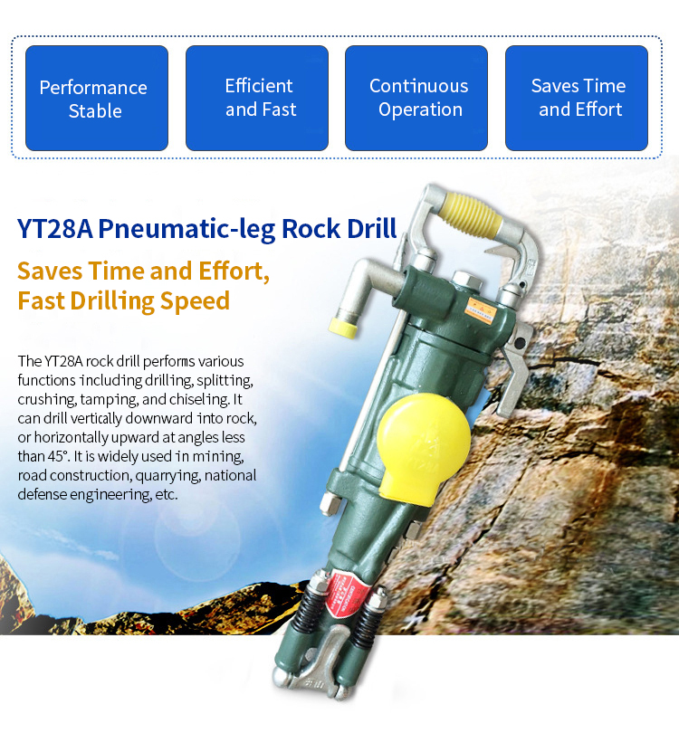 YT28 Pneumatic Rock Drill Hammer Drill with Pump Portable Handheld Drilling Tool 6m Depth for Mining Construction Quarrying