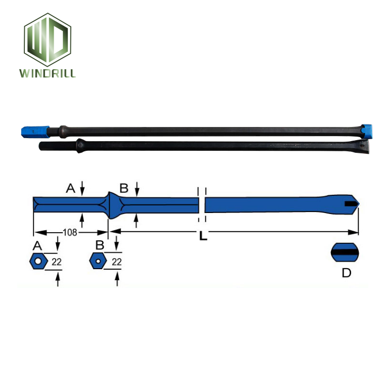 Chiesel Integral Drill Steel D.33 TL1708mm Small Hole Integral Drill Steel Rod H22x108mm L1600mm