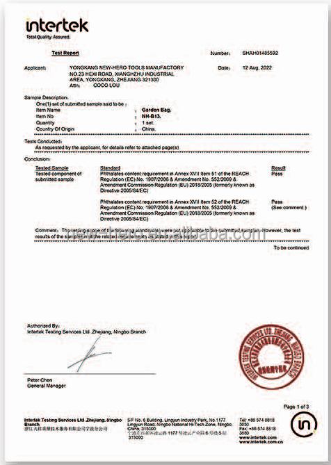 Bag Material Reach Test Report
