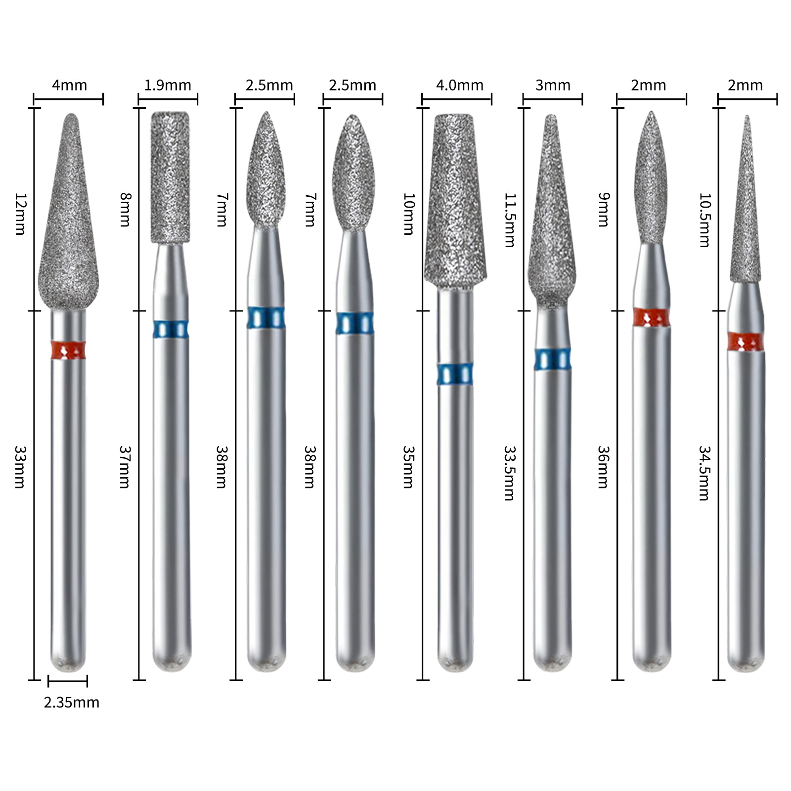 Detachable Individual Aluminum Foil Pack 10Pcs Diamond Nail Drill Bits Set for Nail Dead Skin Polishing