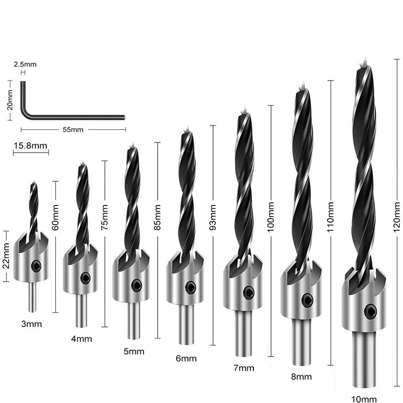 Detachable and Adjustable Drilling Bits for Wood 3-10mm Woodworking Tools With Allen Wrench Countersink Drill Bit Set