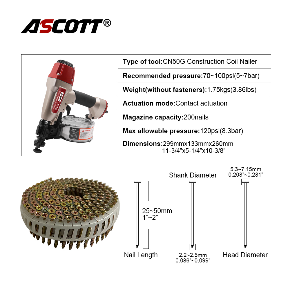 1"~2" CN50G Pneumatic Board Fastening Tools for Metal Sheet Roof Connection Coil Nail Gun with Contact Actuation Air Coil Nailer