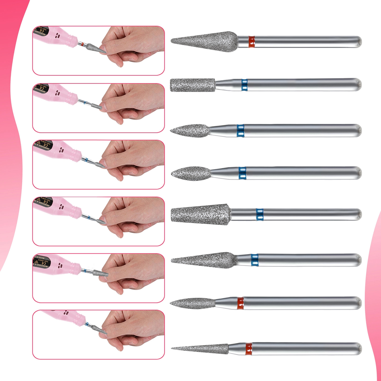 Detachable Individual Aluminum Foil Pack 10Pcs Diamond Nail Drill Bits Set for Nail Dead Skin Polishing