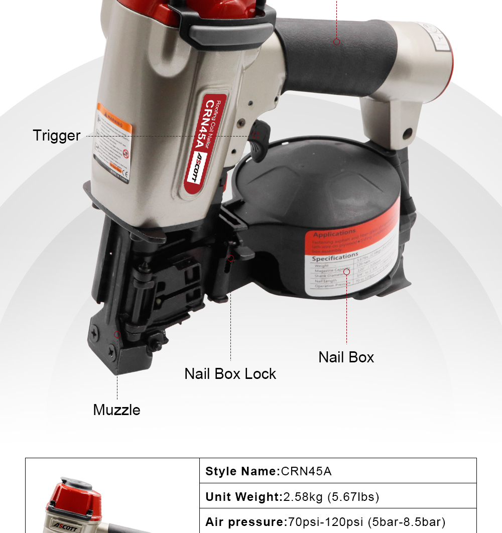 CRN45 Pneumatic Construction Coil Nail Gun Asphalt Shingle Fastening Tools for House Siding Installation Air Coil Roofing Nailer Spec 4