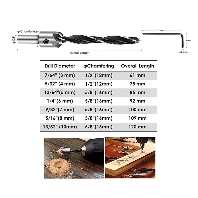 Detachable and Adjustable Drilling Bits for Wood 3-10mm Woodworking Tools With Allen Wrench Countersink Drill Bit Set