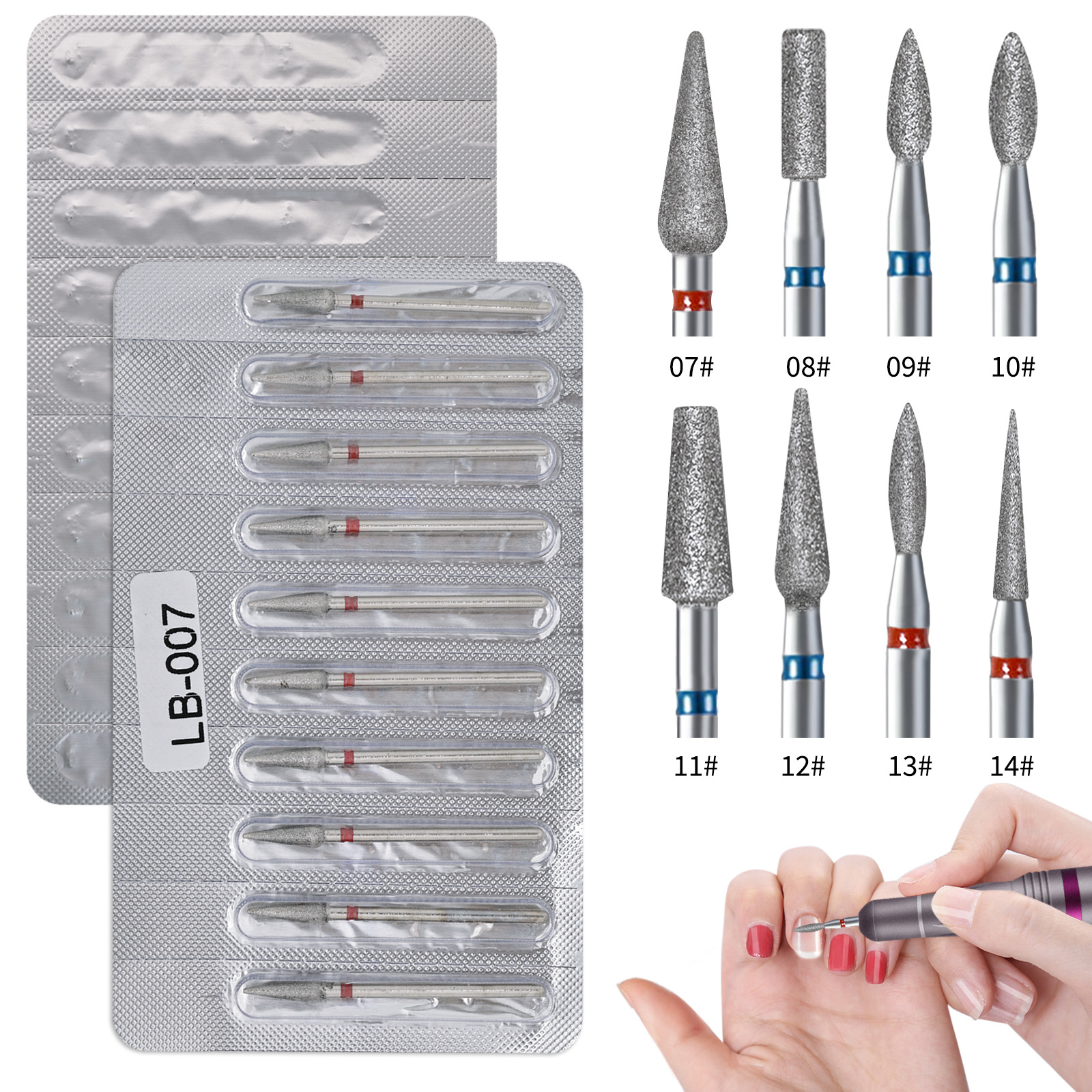 Detachable Individual Aluminum Foil Pack 10Pcs Diamond Nail Drill Bits Set for Nail Dead Skin Polishing
