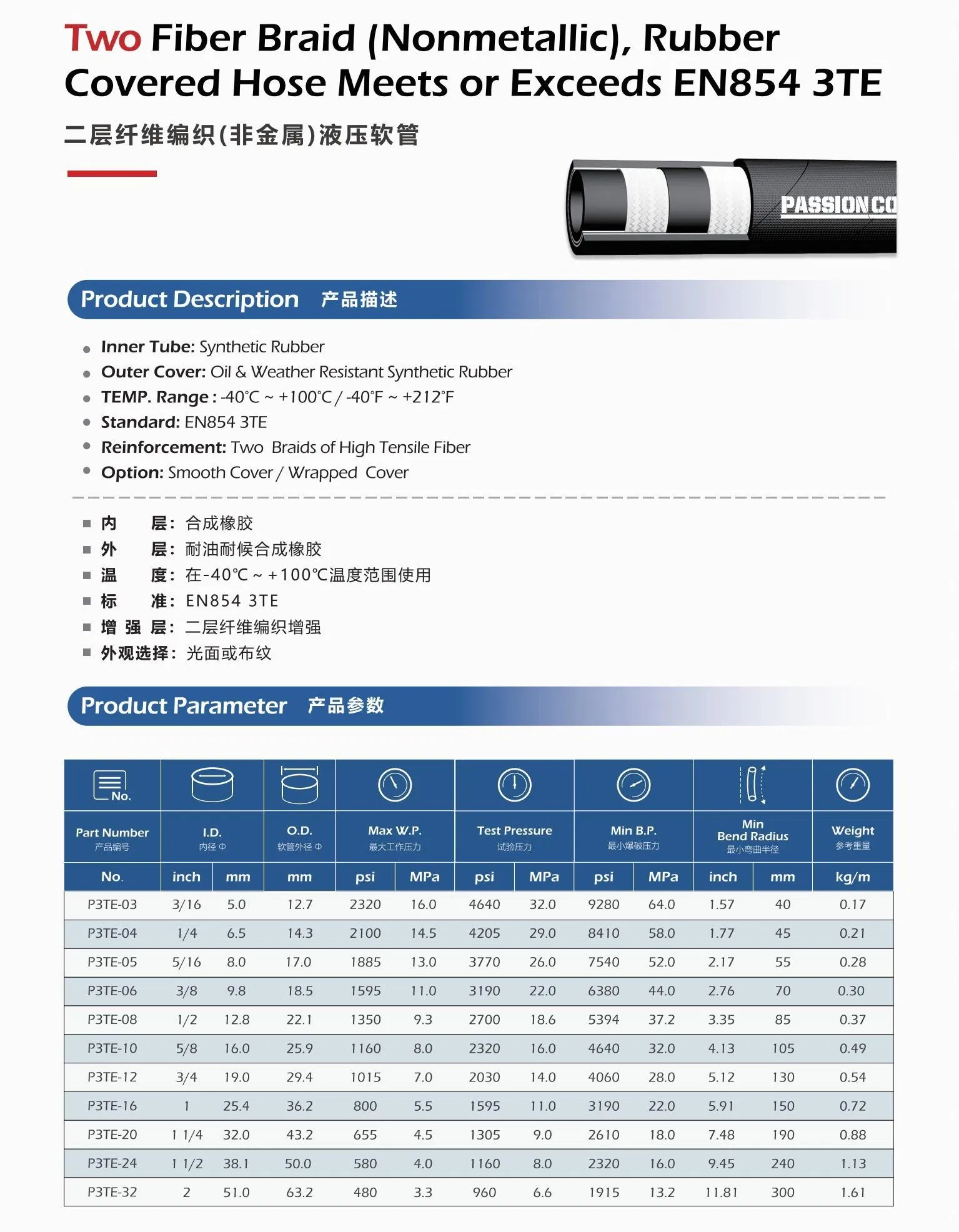 Medium Pressure 3te Hydraulic Hose Specification