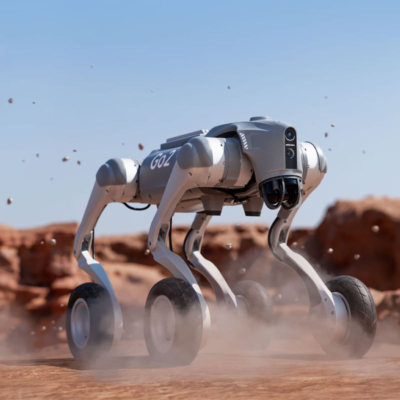 Unitree Go2-W Wheeled Quadruped Robot: Hybrid Locomotion with 7-Inch Pneumatic Tires, Conquers 70cm Obstacles and 35° Slopes