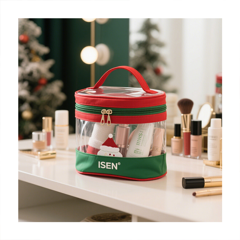 Eco Friendly Transparent TPU Zipper Large Makeup Bag Santa Hat Custom Logo Printing Reusable Sustainable Cosmetic Pouch for
