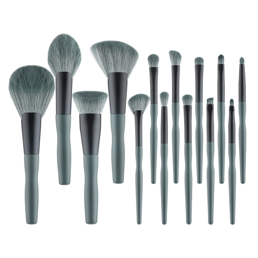 Customized OEM ODM Cosmetics Creative Dark Green Handle 14pcs Hair Makeup Brushes Set