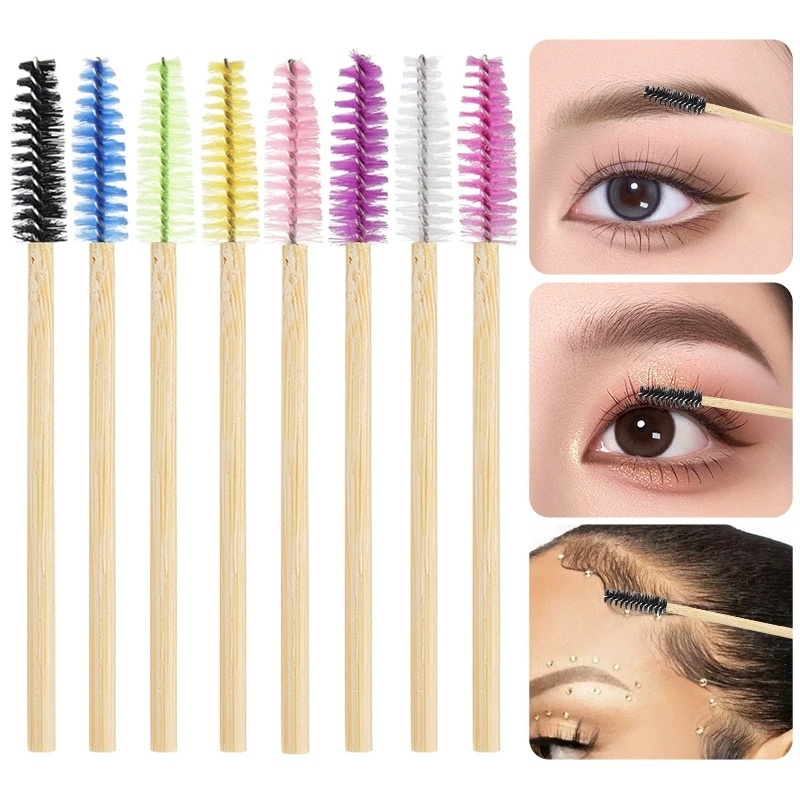 Eco-friendly 50pcs/bag Bamboo Handle Cleanser Lash Brush Mascara Wand Wooden Handle Lash Extension Brush Nylon Eyelash Brush