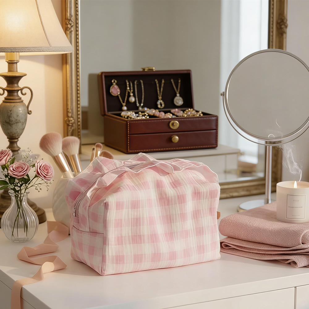 Wholesale Fashion Custom Polyester Travel Gingham Makeup Case Ruffle Zipper Cosmetic Bag