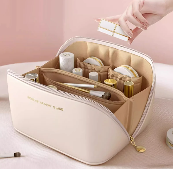Portable Eco-Friendly PU Women's Large Capacity Cosmetic Bag Soft Handle Water Resistant Zipper Reusable Candy Toiletries