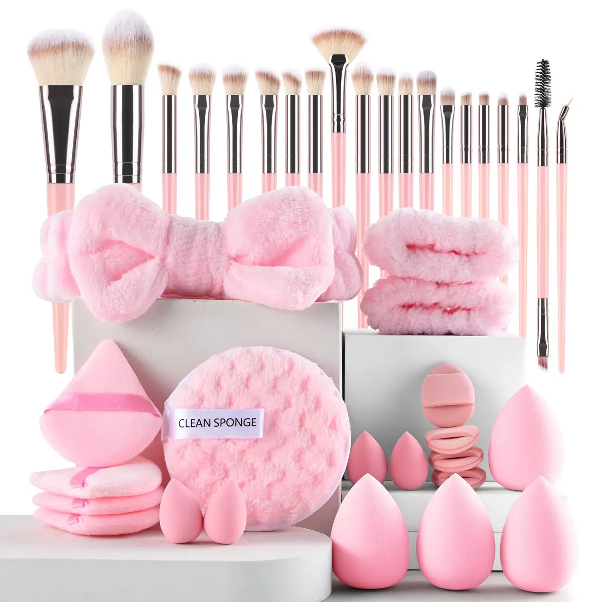 OEM Private Label Face Makeup Sponge Headband Nylon Puff Brushes Latex Free Colorful 40-Piece Set for Foundation Application