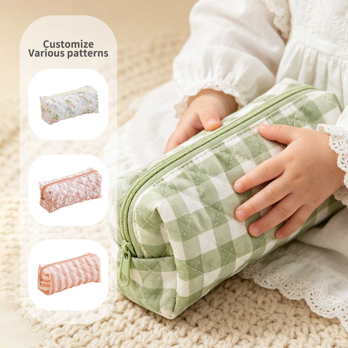 OEM &amp; ODM Vintage Quilted Zipper Makeup Bag Cosmetic Pouch for Brushes Pencils Travel Accessories Storage Bag Women Girls