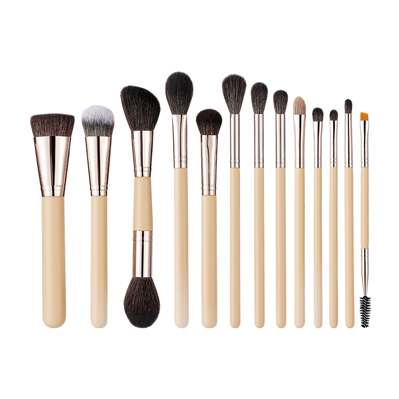 Wholesale Makeup Cosmetic Brush Caramel Color Factory OEM/ODM Beige Handle Copper Ferrule Natural Goat Hair Makeup Brush 13pcs