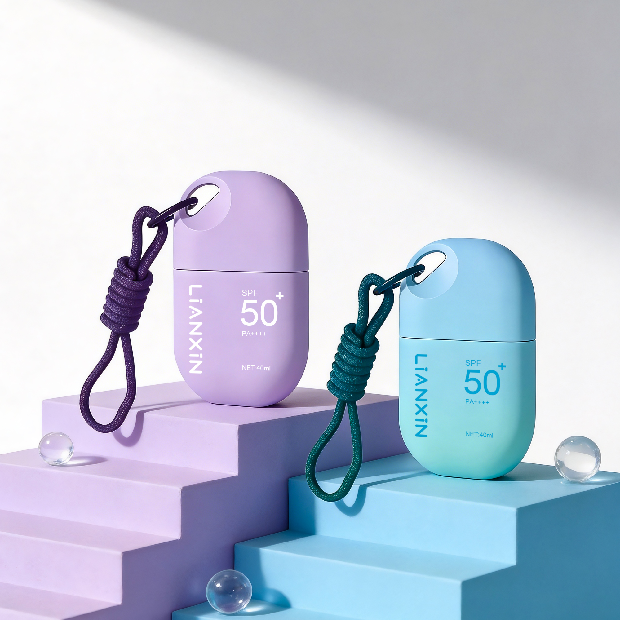 Custom Logo Oval Pink Gradient Hanging Rope Sunscreen Cream Bottle 40ml Portable Plastic Lotion Bottle For Cosmetic Packaging