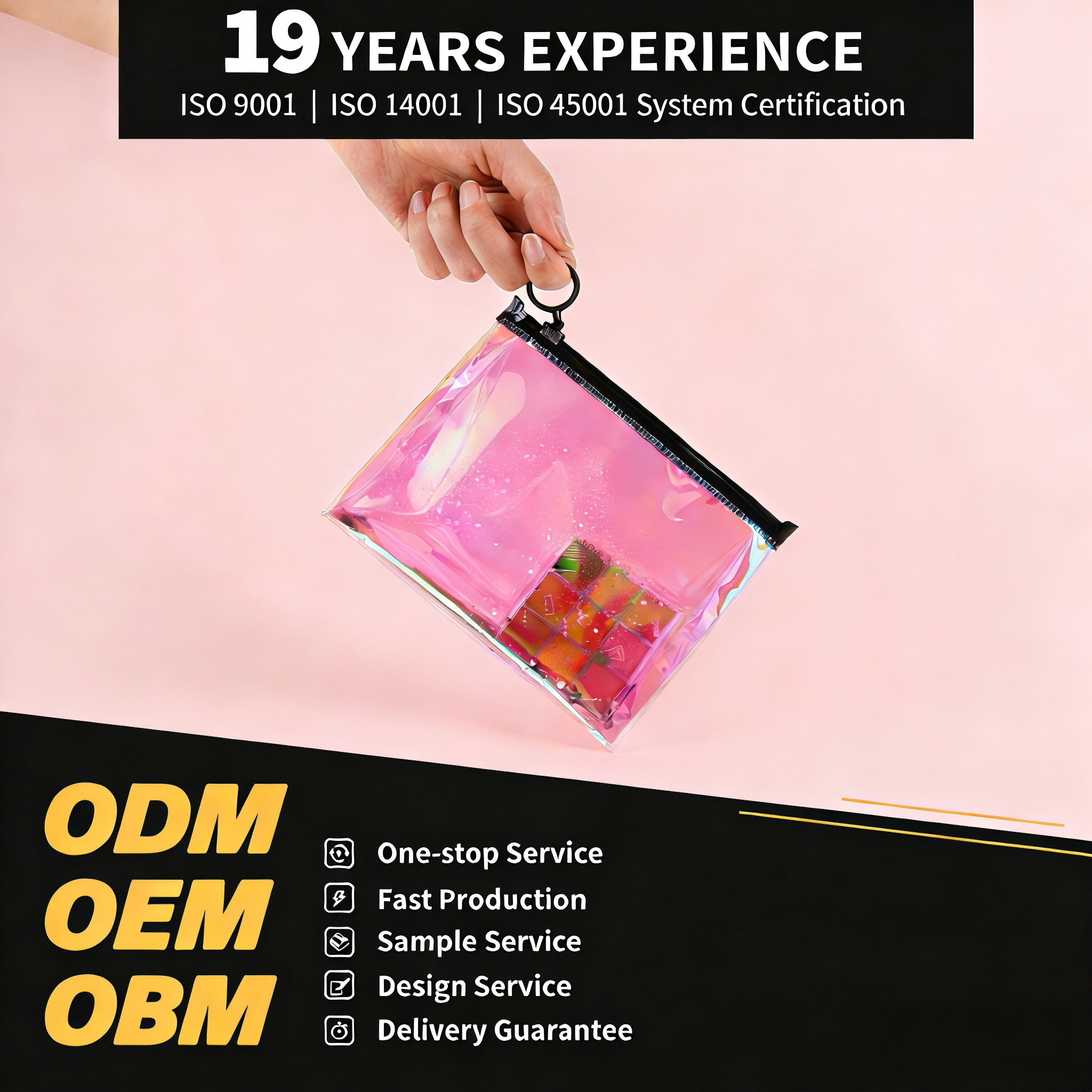 Custom Mini Small pink Pvc Holographic Plastic Zipper Bag with logo Print for Cosmetics Makeup Brushes Packaging Pouch