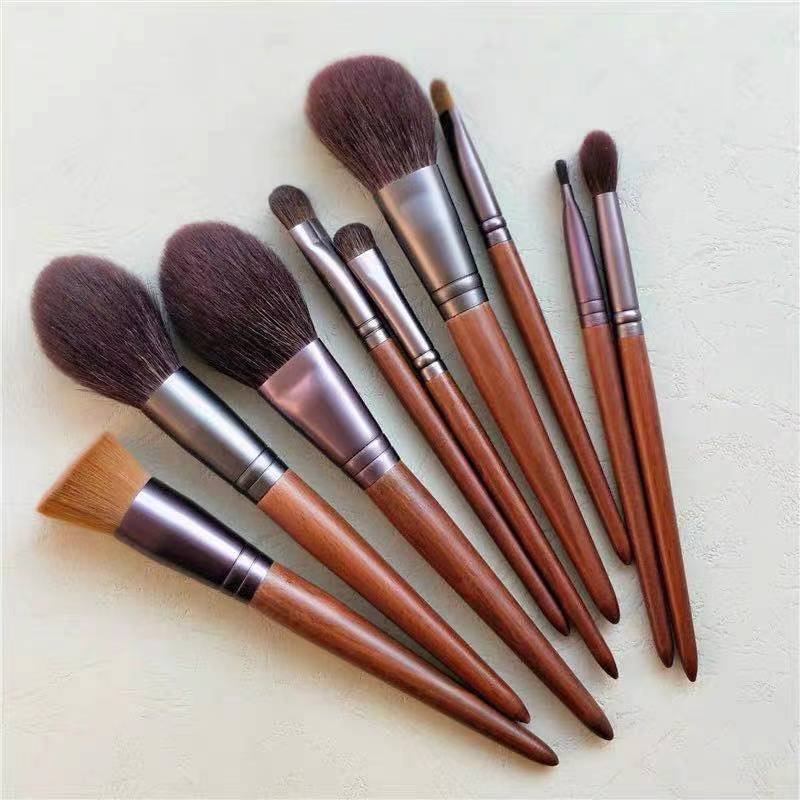 Factory New Natural Hair 9-Piece Makeup Brush Set with Wood Handle for Eye Shadow Blush Repair-Beginners Beauty Tools