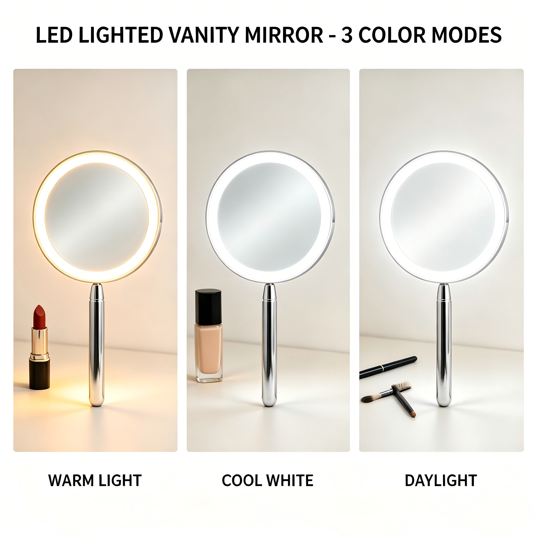 Support OEM ODM Customization Travel Makeup Mirror Portable 3x LED Lights Metal Single Sides Handheld Compact Pocket Mirror