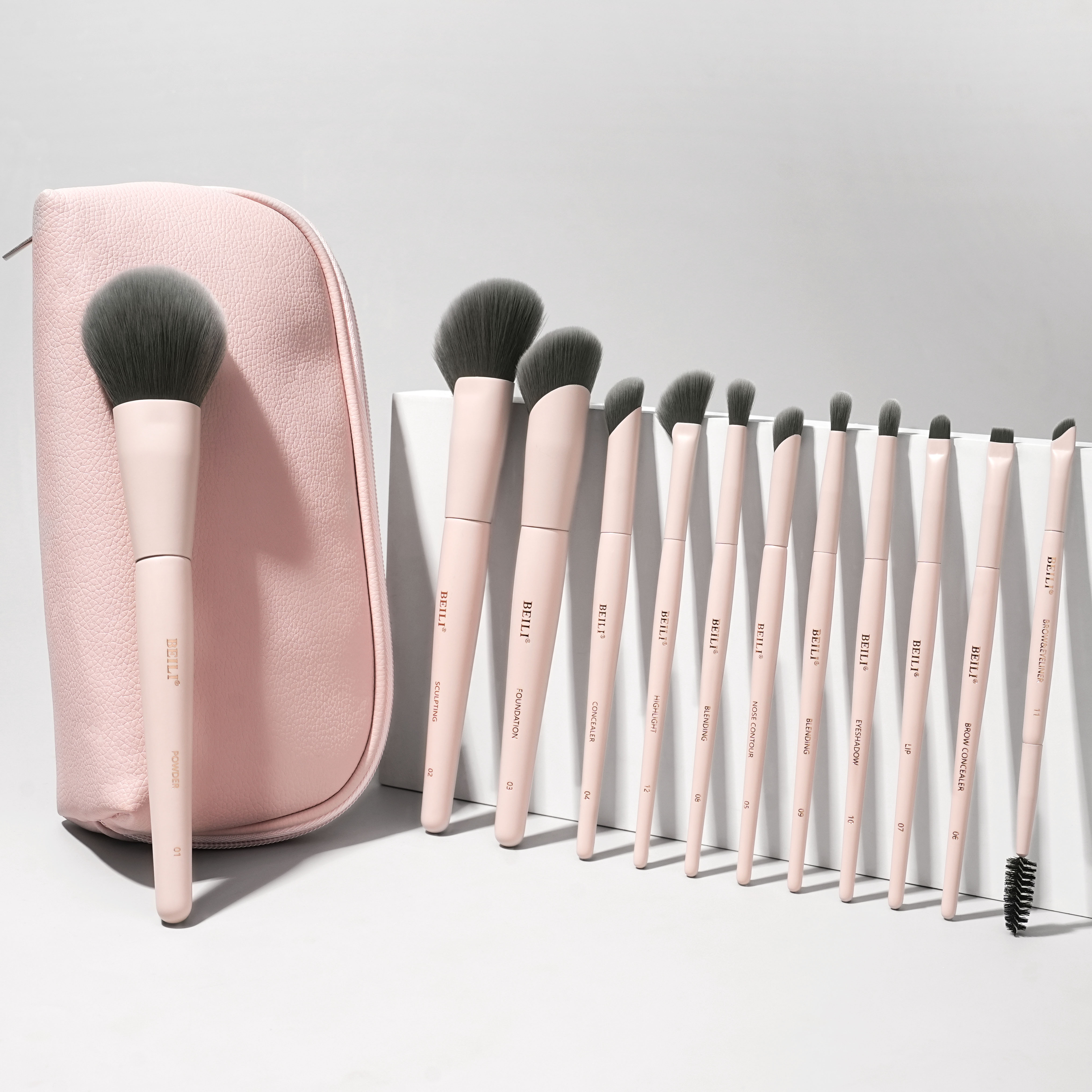 Custom Logo Professional Eye Face Makeup Brush Set 12pcs Matte Pink Dense Vegan Hair Customised Make up Brushes With Bag