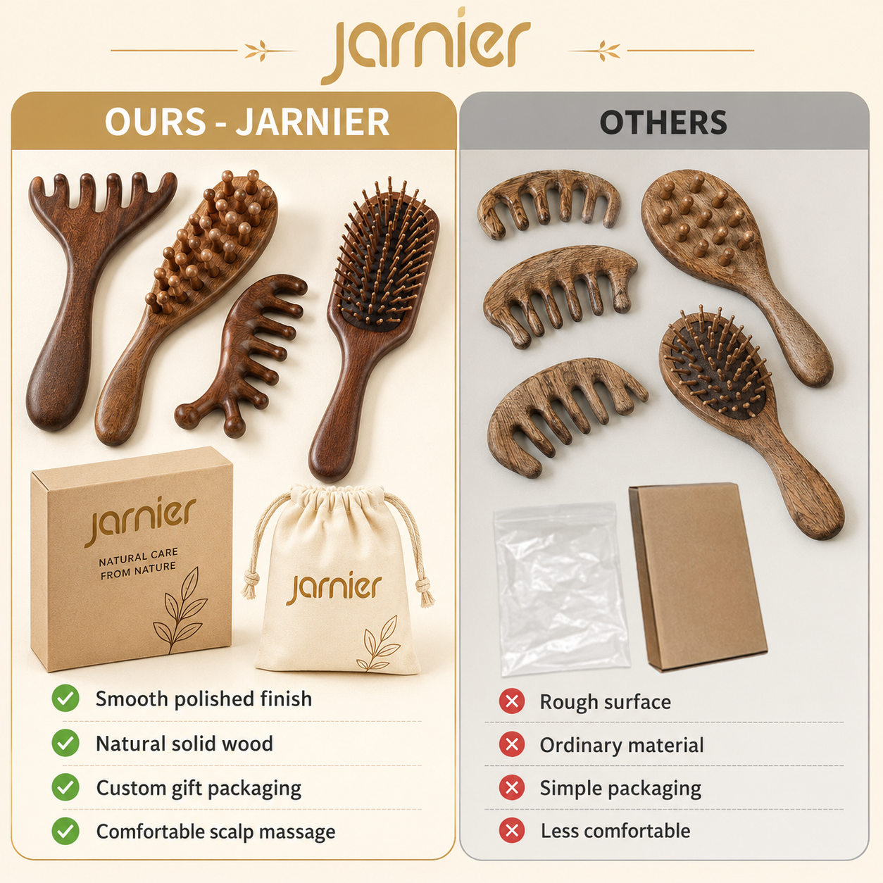 Jarnier Wholesale Costom Sale Scalp Massager Products Comb Wide Tooth Wood Hair Growth Sandalwood Comb Gift Massage Comb
